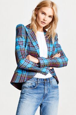 SMYTHE Puff Sleeve Blazer Blue Tartan Plaid Wool Size 8